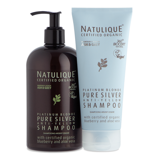 Gecertificeerde biologische Platinum Blonde Silver Shampoo, met antivergelende eigenschappen en gecertificeerd biologisch bosbessenextract.